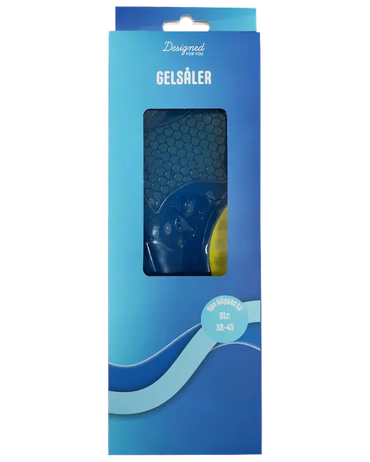 Et par blå gelsåler med bikubemønster, designet til skostørrelse 38-45, pakket i en blå æske med gennemsigtigt vindue, der viser produktet indeni.