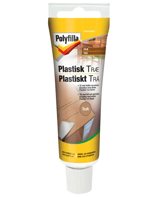 Polyfilla Plastisk Træ spartelmasse, teakfarvet, til udfyldning af små huller og revner i træ. Til indendørs og udendørs brug. Maksimal dybde 2 cm. 75 ml tube.