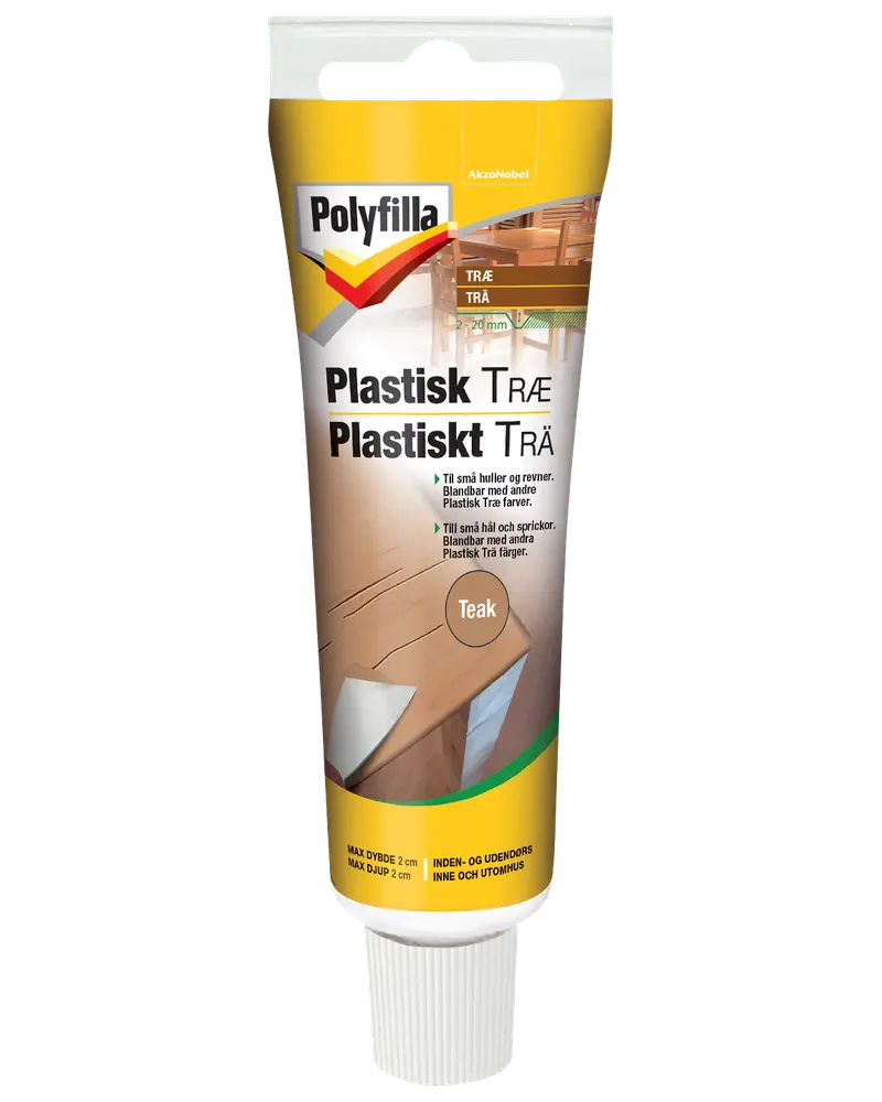 Polyfilla Plastisk Træ spartelmasse, teakfarvet, til udfyldning af små huller og revner i træ. Til indendørs og udendørs brug. Maksimal dybde 2 cm. 75 ml tube.