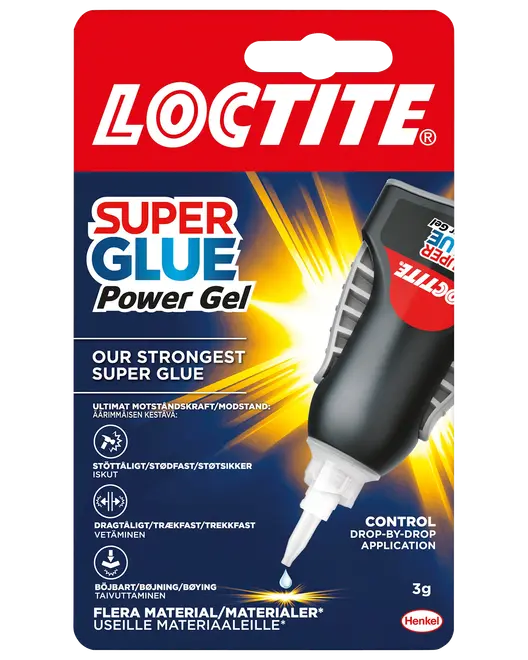 Loctite Super Glue Power Gel, 3g tube. Stærk, stød- og fleksibel gel til præcis dosering. Velegnet til flere materialer. Leveres i sort og rød blisterpakning.