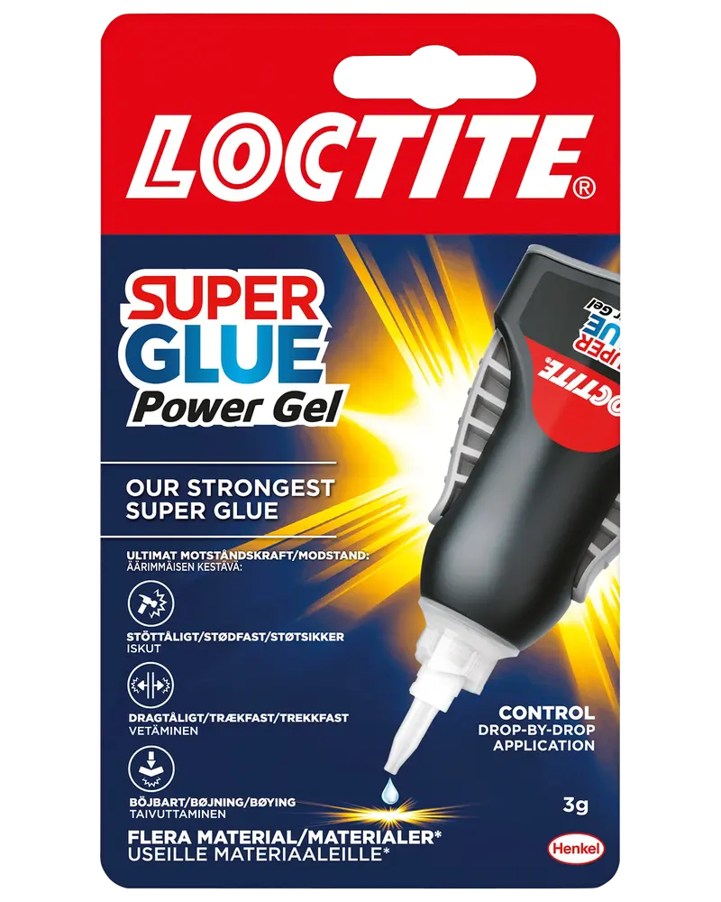 Loctite Super Glue Power Gel, 3g tube. Stærk, stød- og fleksibel gel til præcis dosering. Velegnet til flere materialer. Leveres i sort og rød blisterpakning.