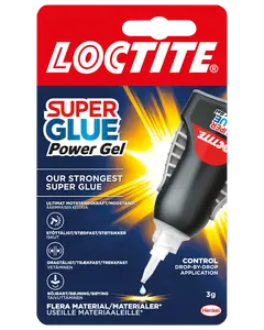 Loctite Super Glue Power Gel, 3g tube. Stærk, stød- og fleksibel gel til præcis dosering. Velegnet til flere materialer. Leveres i sort og rød blisterpakning.