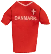 Rød kortærmet sportstrøje med hvid "DANMARK" tekst, hvidt kors-emblem på brystet, hvid kravekant og sorte sømlinjer. Tekstureret stof, repræsenterer Danmarks landshold.