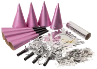 Partyset med rosa hattar, matchande tutor, silverdekorationer, konfetti och metallicband. Perfekt för fest, räcker till sex personer.