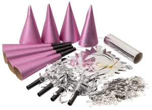 Partyset med rosa hattar, matchande tutor, silverdekorationer, konfetti och metallicband. Perfekt för fest, räcker till sex personer.