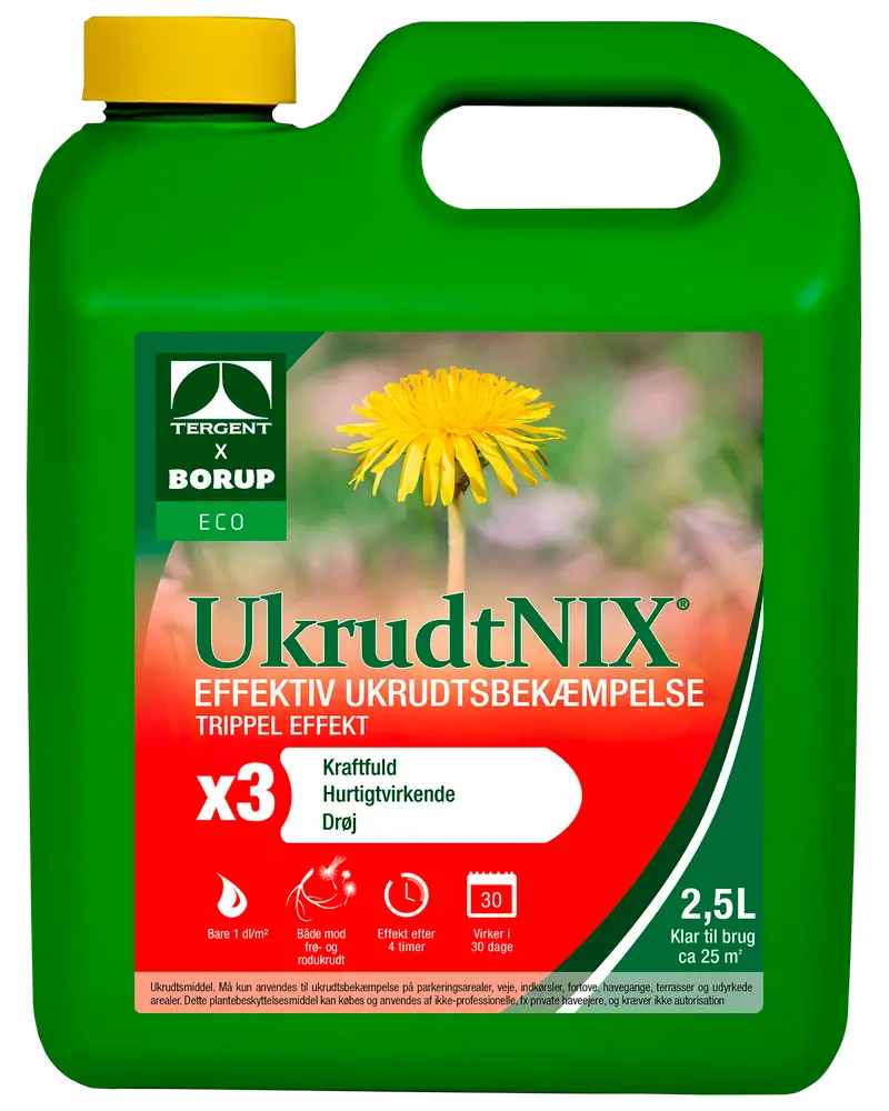 Grøn 2,5L dunk med gult låg, mærket 'UkrudtNIX' ukrudtsmiddel, trippel effekt, til ca. 25m², miljøvenlig, med mælkebøttebillede og brugsanvisning på forsiden.