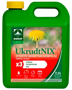 Grøn 2,5L dunk med gult låg, mærket 'UkrudtNIX' ukrudtsmiddel, trippel effekt, til ca. 25m², miljøvenlig, med mælkebøttebillede og brugsanvisning på forsiden.