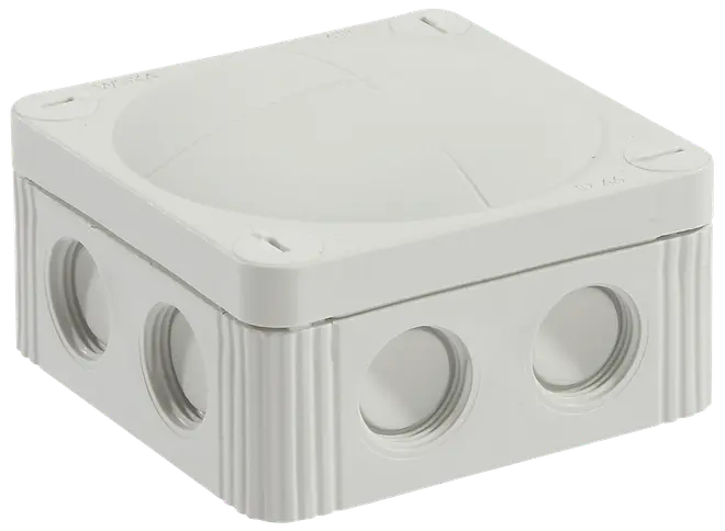 Firkantet hvid plast el-forbindelsesboks med aftageligt låg, afrundede hjørner og flere runde kabelindgange på siderne. Velegnet til indendørs elinstallationer.