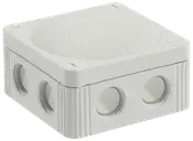 Kvadratisk vit plast elektrisk kopplingsdosa med avtagbart lock, rundade hörn och flera runda kabelingångar på sidorna. Passar för inomhusinstallationer.