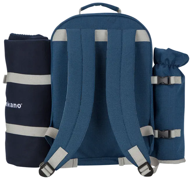 Blå picknickryggsäck med vadderade remmar, sidofästen för filt och flaska. Slitstarkt tyg, topphandtag och säkra spännen för enkel transport utomhus.