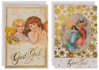 Två julkort med vintageänglar, gulddetaljer och texten 'God Jul' i elegant skrivstil. Varje kort levereras med matchande vitt kuvert.