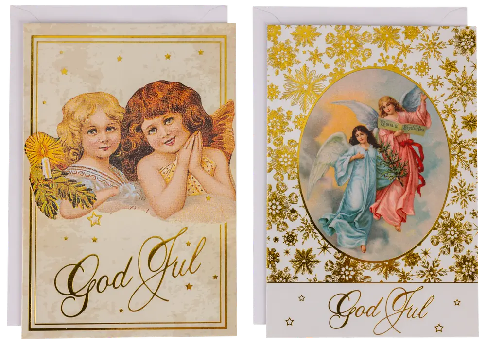 Två julkort med vintageänglar, gulddetaljer och texten 'God Jul' i elegant skrivstil. Varje kort levereras med matchande vitt kuvert.