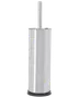 Toiletbørsteholder i rustfrit stål med slankt, cylindrisk design og matchende håndtag. Skinnende finish og sort bund for stabilitet. Moderne og nem at rengøre.