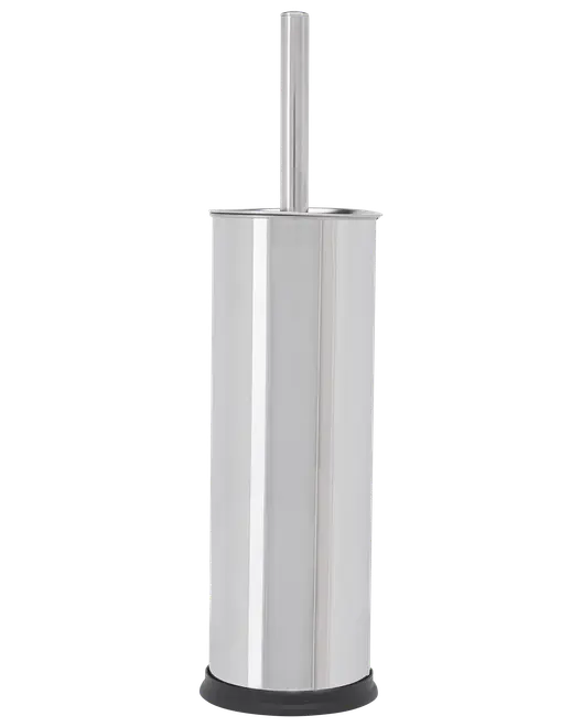 Toiletbørsteholder i rustfrit stål med slankt, cylindrisk design og matchende håndtag. Skinnende finish og sort bund for stabilitet. Moderne og nem at rengøre.