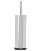 Toalettborsthållare i rostfritt stål med slank, cylindrisk design och matchande handtag. Blank yta och svart bas för stabilitet. Modern och lätt att rengöra.