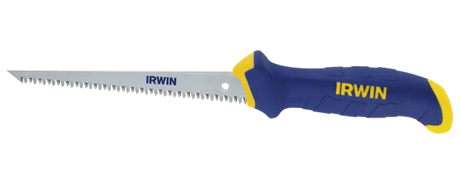 Irwin sticksåg med blått och gult ergonomiskt handtag samt spetsigt, tandat stålblad. Perfekt för att såga i gipsskivor. Hållbar och bekväm design.