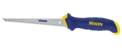 Irwin stiksav med blå og gul ergonomisk håndtag og spids, takket stålblad. Velegnet til skæring i gipsplader og vægplader. Robust og komfortabelt design.