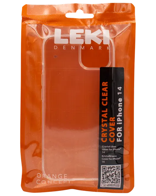 Gennemsigtigt, krystalklart cover til iPhone 14 i orange genlukspose. Beskytter telefonen og bevarer det originale design. Let og slankt design.