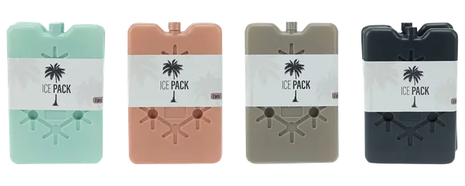 Fire rektangulære genanvendelige køleelementer i mint, fersken, taupe og mørkegrå med palmetræ-ICE PACK-etiket.