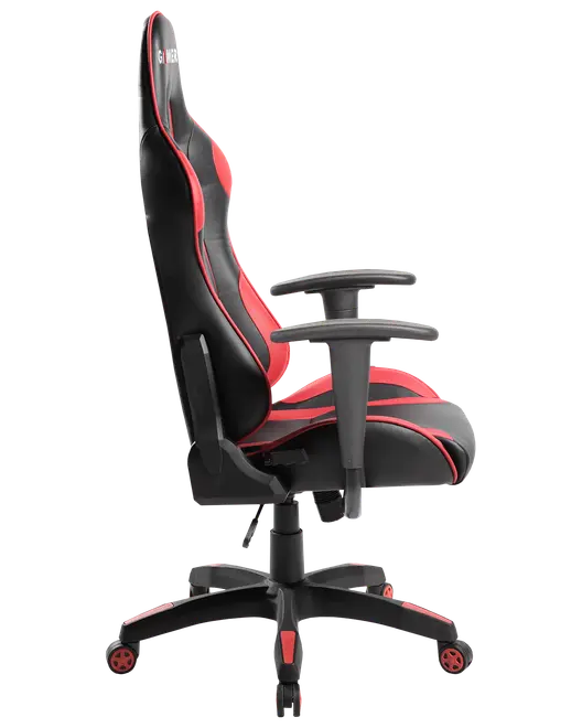 Ergonomisk gamingstol i svart och rött, justerbara armstöd, hög rygg, vadderad sits och stabil femhjulig bas. Passar för långa spel- eller arbetspass.