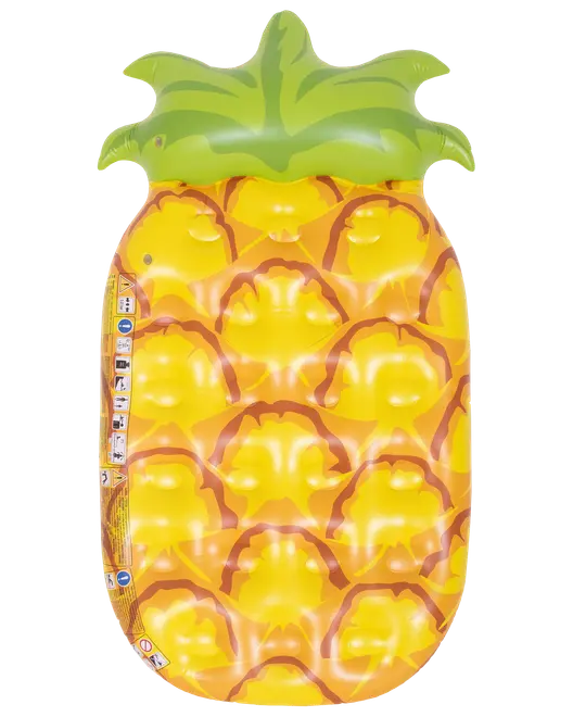 Uppblåsbar poolflotte formad som en ananas med gul kropp, bruna detaljer och grön topp. Tillverkad av slitstark plast, perfekt för avkoppling i vattnet.