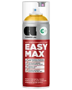 Cosmos Lac Easy Max akrylspraymaling, gul farve, egnet til metal, træ, stof og plast. Dobbelt dækning, ingen primer nødvendig, satin finish og øjeblikkelig dækning.