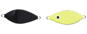 To hårde fiskelures side om side, én mat sort og én neon gul med øjengrafik og metalringe til fastgørelse.