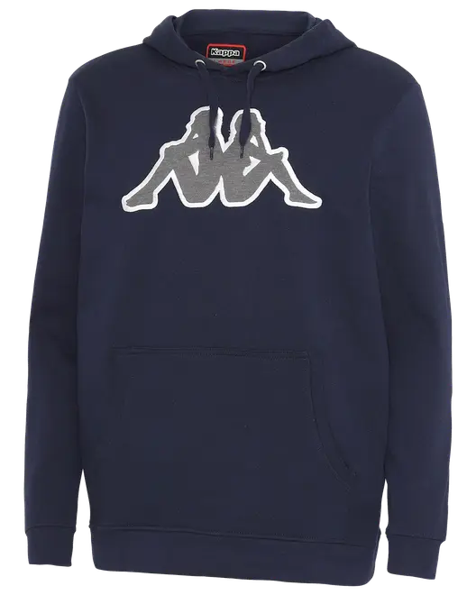 Mörkblå Kappa-hoodie med stort vitt logotryck på bröstet, justerbar huva med dragsko och framficka. Mjukt material, passar till vardag och sport.