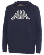 Mörkblå Kappa-hoodie med stort vitt logotryck på bröstet, justerbar huva med dragsko och framficka. Mjukt material, passar till vardag och sport.