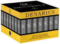 Firkantet boks mærket 'Denarius' med guld og sort design, indeholder 49 skud fyrværkeri med guld silke, glitter og farvede effekter. Fra Imperium Fireworks.