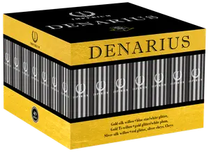 Firkantet boks mærket 'Denarius' med guld og sort design, indeholder 49 skud fyrværkeri med guld silke, glitter og farvede effekter. Fra Imperium Fireworks.
