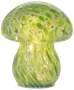 Svampeformet glaslampe med grønne og gule pletter. Lampen udsender et blødt lys, perfekt til dekoration eller stemningsbelysning. Glat, blank overflade med afrundede kanter.