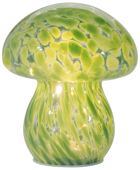 Svampeformet glaslampe med grønne og gule pletter. Lampen udsender et blødt lys, perfekt til dekoration eller stemningsbelysning. Glat, blank overflade med afrundede kanter.
