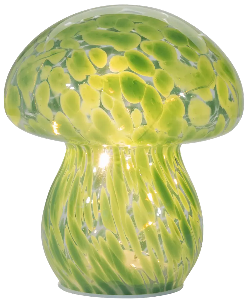 Svampeformet glaslampe med grønne og gule pletter. Lampen udsender et blødt lys, perfekt til dekoration eller stemningsbelysning. Glat, blank overflade med afrundede kanter.