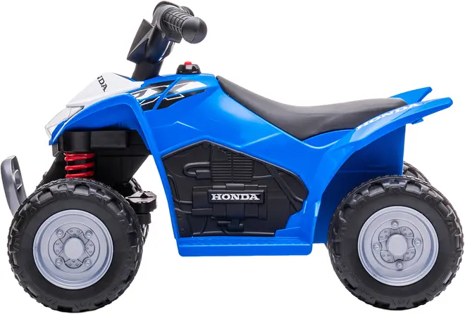 Blå ATV-legetøjsbil til børn, med realistiske detaljer, sort sæde, store terrængående hjul, styr og Honda-logo på siden. Fremstillet i holdbar plast, egnet til udendørs leg.