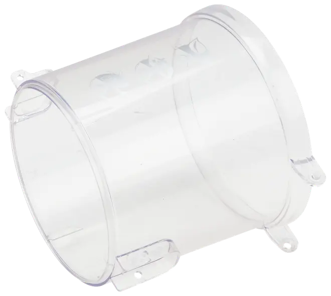 Genomskinlig plastcylinder med tre små monteringsflikar, öppen i båda ändar. Avsedd som reservdel eller tillbehör till kompatibla apparater eller enheter.