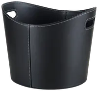 Svart förvaringskorg i konstläder med vit söm, oval form och två utskurna handtag. Modern design, perfekt för tidningar, leksaker eller hushållsartiklar.