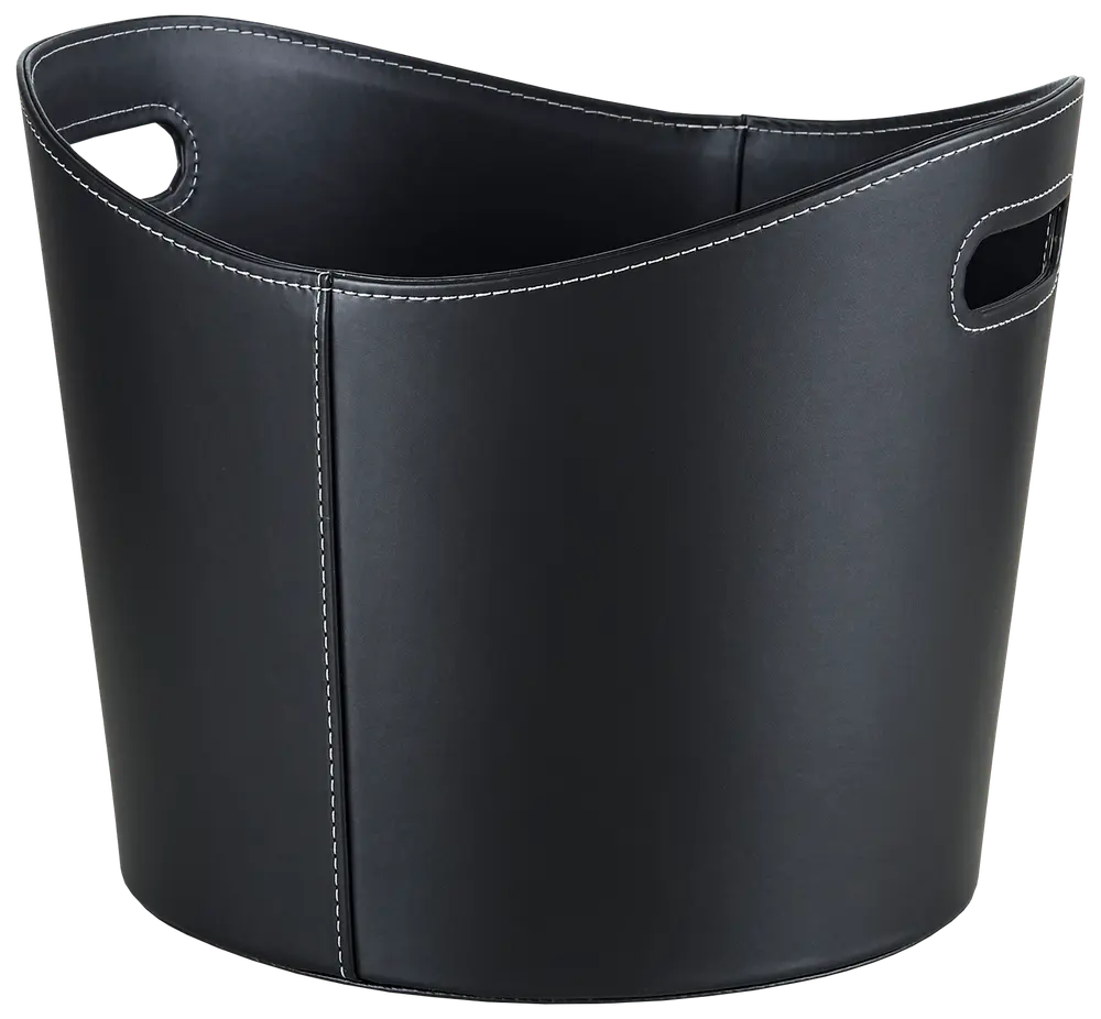 Svart förvaringskorg i konstläder med vit söm, oval form och två utskurna handtag. Modern design, perfekt för tidningar, leksaker eller hushållsartiklar.