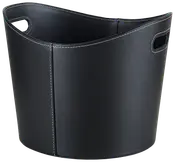 Svart förvaringskorg i konstläder med vit söm, oval form och två utskurna handtag. Modern design, perfekt för tidningar, leksaker eller hushållsartiklar.