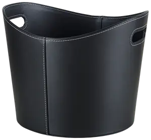 Svart förvaringskorg i konstläder med vit söm, oval form och två utskurna handtag. Modern design, perfekt för tidningar, leksaker eller hushållsartiklar.