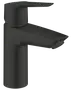 Mat sort badeværelsesarmatur med enkelt greb, cylindrisk base og flad tud. Moderne, minimalistisk design. Holdbar overflade, der modstår fingeraftryk og vandpletter.