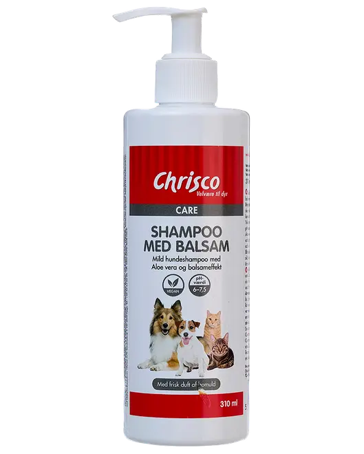 Chrisco Care kæledyrsshampoo med balsam, pumpeflaske, 310 ml, mild aloe vera-formel til hunde og katte.