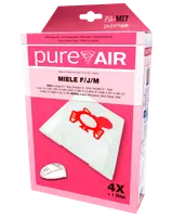 Förpackning med fyra PureAir dammsugarpåsar och ett filter, kompatibel med Miele F/J/M-modeller. Vita påsar med rött tryck, passar flera Miele och Hoover dammsugare.