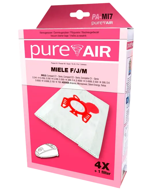 Förpackning med fyra PureAir dammsugarpåsar och ett filter, kompatibel med Miele F/J/M-modeller. Vita påsar med rött tryck, passar flera Miele och Hoover dammsugare.