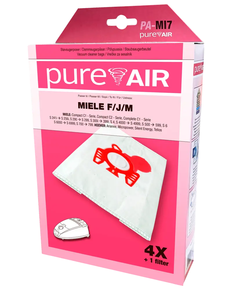 Förpackning med fyra PureAir dammsugarpåsar och ett filter, kompatibel med Miele F/J/M-modeller. Vita påsar med rött tryck, passar flera Miele och Hoover dammsugare.
