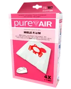 Pakke med fire PureAir støvsugerposer og ét filter, kompatibel med Miele F/J/M modeller. Hvide poser med rød tryk, passer til flere Miele og Hoover støvsugere.