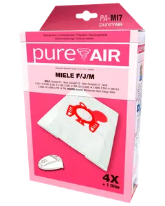 Förpackning med fyra PureAir dammsugarpåsar och ett filter, kompatibel med Miele F/J/M-modeller. Vita påsar med rött tryck, passar flera Miele och Hoover dammsugare.