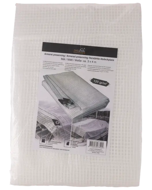 Vikt vit förstärkt plastpresenning, 3 x 4 m, 120 g/m², med vävd struktur och produktetikett.
