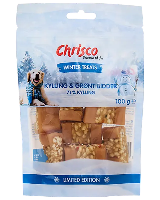 Chrico Winter Treats hundesnacks med kylling og grøntsagsbid, 71% kylling, 100 g, limited edition i genlukkelig pose.
