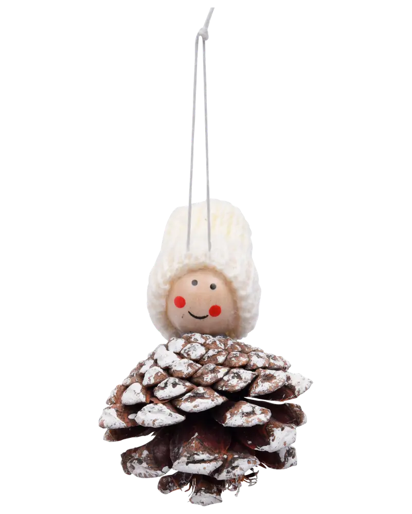 Juldekoration med leende dockansikte, vit mössa, fäst vid en snöprydd kotte och silverfärgad upphängningsögla för enkel dekoration.